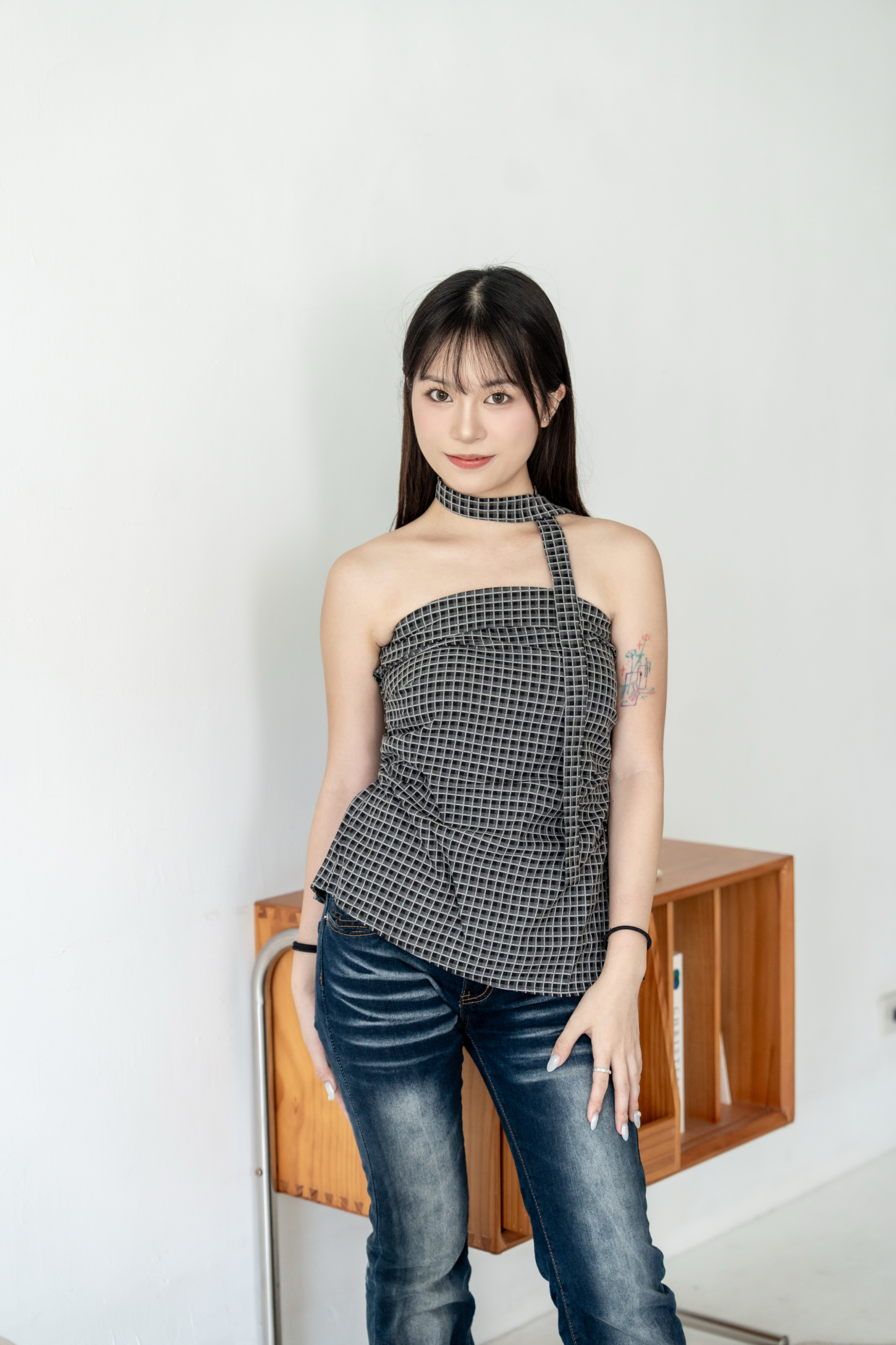 ＊ ｡.‎˖٭*繞脖格子平口抓皺上衣⸝⸝꙳